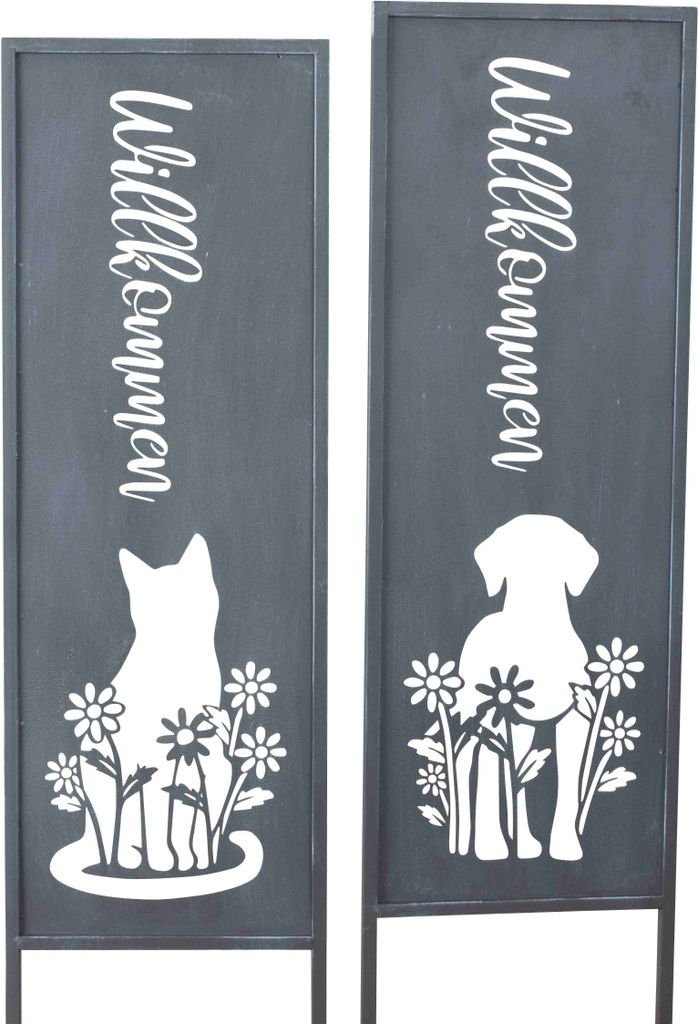 2x Gartenschild Willkommen | Katze & Hund | mit Blumen und verziert aus Metall grau Höhe 83 cm Breite 22cm