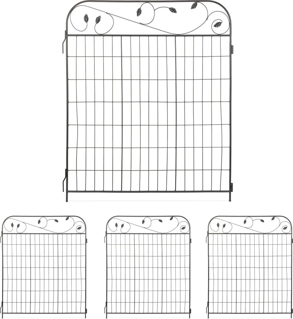Relaxdays Gartenzaun Metall, HB: 112 x 94 cm, Beeteinfassung zum Stecken, 4 Zaunelemente, Blätter-Verzierungen, schwarz