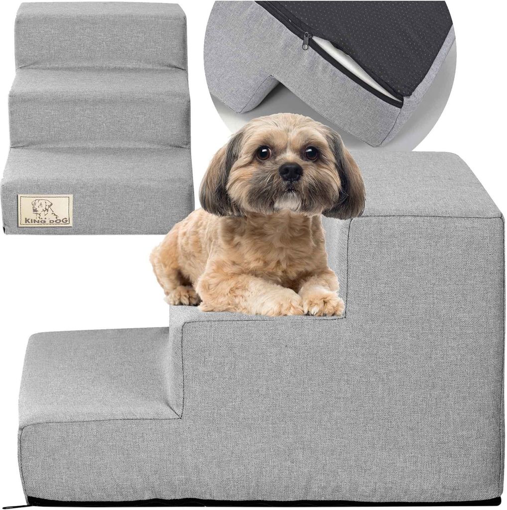 A collage showing a dog on pet stairs and a close-up of the stairs.