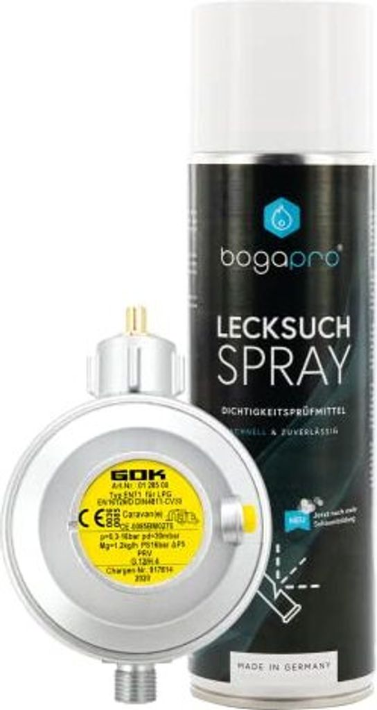 GOK Caravanregler 30 mbar 1,2 kg/h + Bogapro Lecksuchspray
