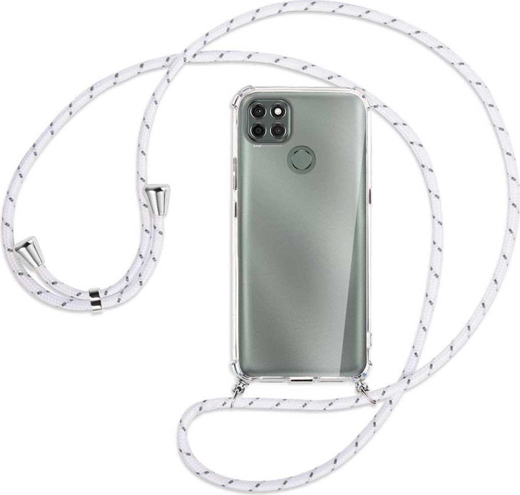 Handykette Backcover-Schutzhülle mit Band (Metall silberfarben) für Motorola Moto G9 Power - weiß/grau