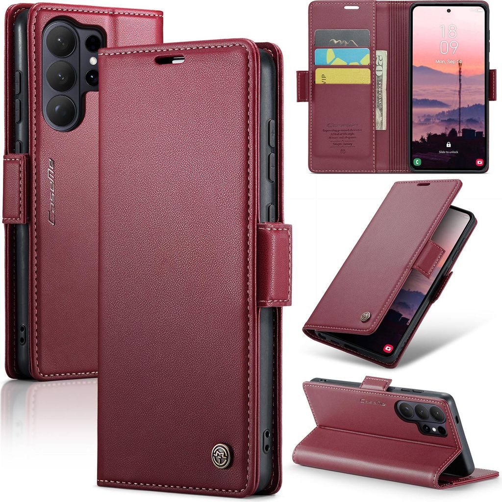 Lederhülle für Samsung Galaxy S26 Ultra Brieftasche Kartenfach Schutzhülle mit Standfunktion Rot