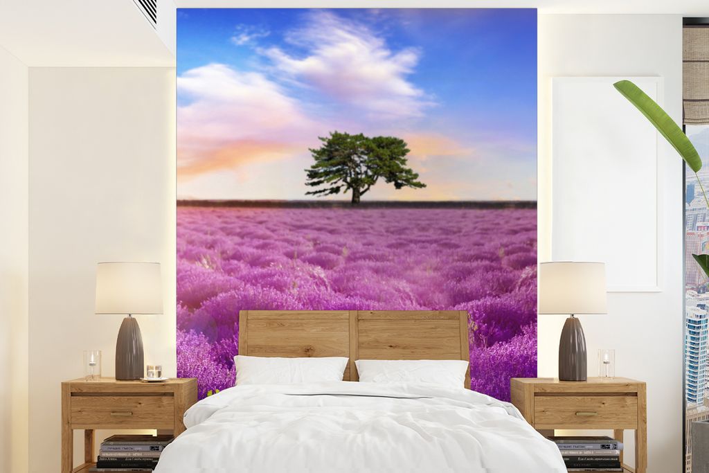 MuchoWow Fototapete für Wohnzimmer oder Schlafzimmer Wandtapete Vinyl Motivtapete Lavendel - Baum - Sonnenuntergang - Lila - 195x260 cm - Wandbild