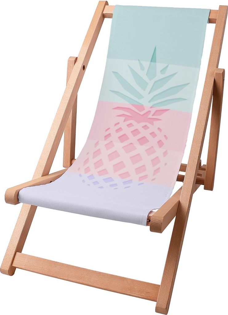 A wooden deck chair with a pineapple design on the fabric.