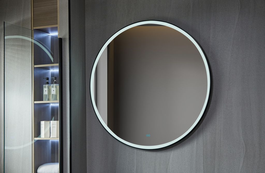 Spiegel rund 120 cm mit schwarzem Rahmen, LED-Beleuchtung und Anti-Beschlag