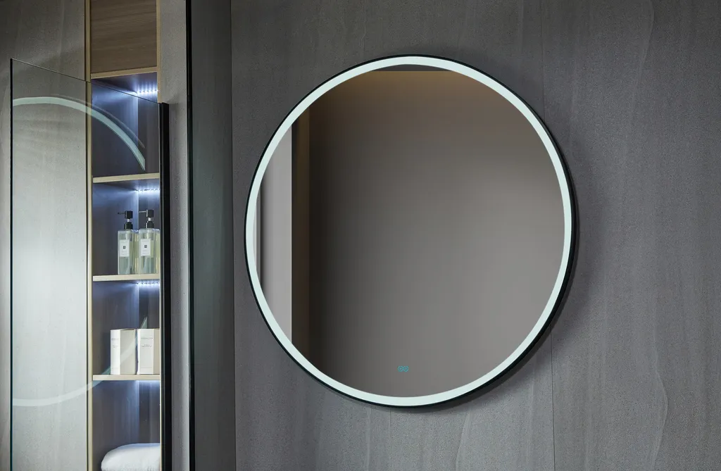 Grand miroir de salle de bain rond LED 120 cm avec contour noir mat