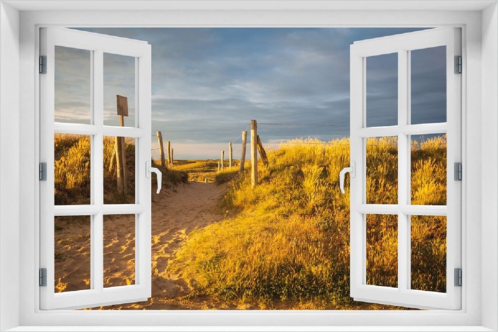 Wallario selbstklebendes Poster mit Fenster-Illusion - Düne am Strand bei Sonnenuntergang in Frankreich, Größe: 100 x 150 cm