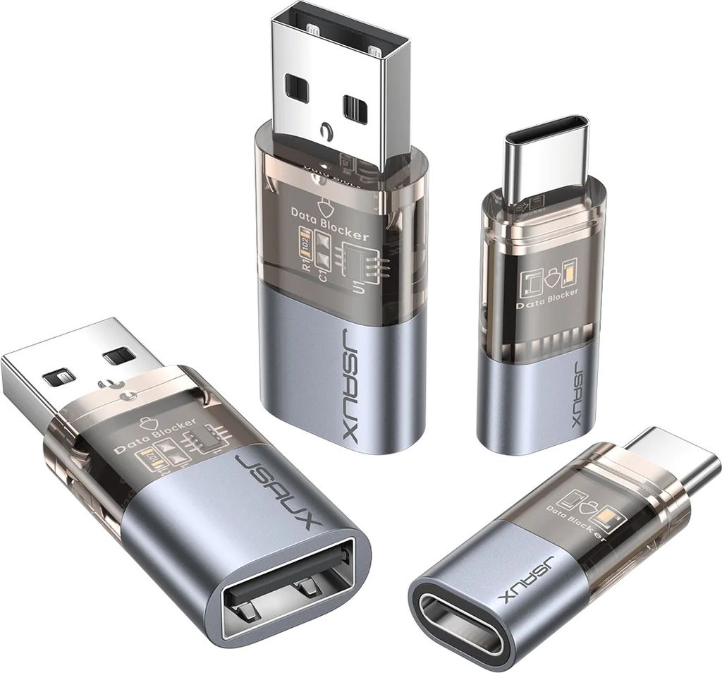 Four USB data blockers are arranged on a white background.