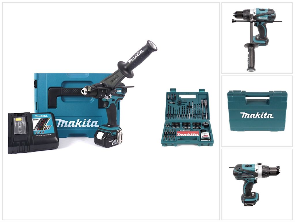 Makita DHP 458 RF1J Akku Schlagbohrschrauber 18V 91Nm + 1x 3,0Ah Akku + Ladegerät + Makita Bit & Bohrer-Set 100-teilig