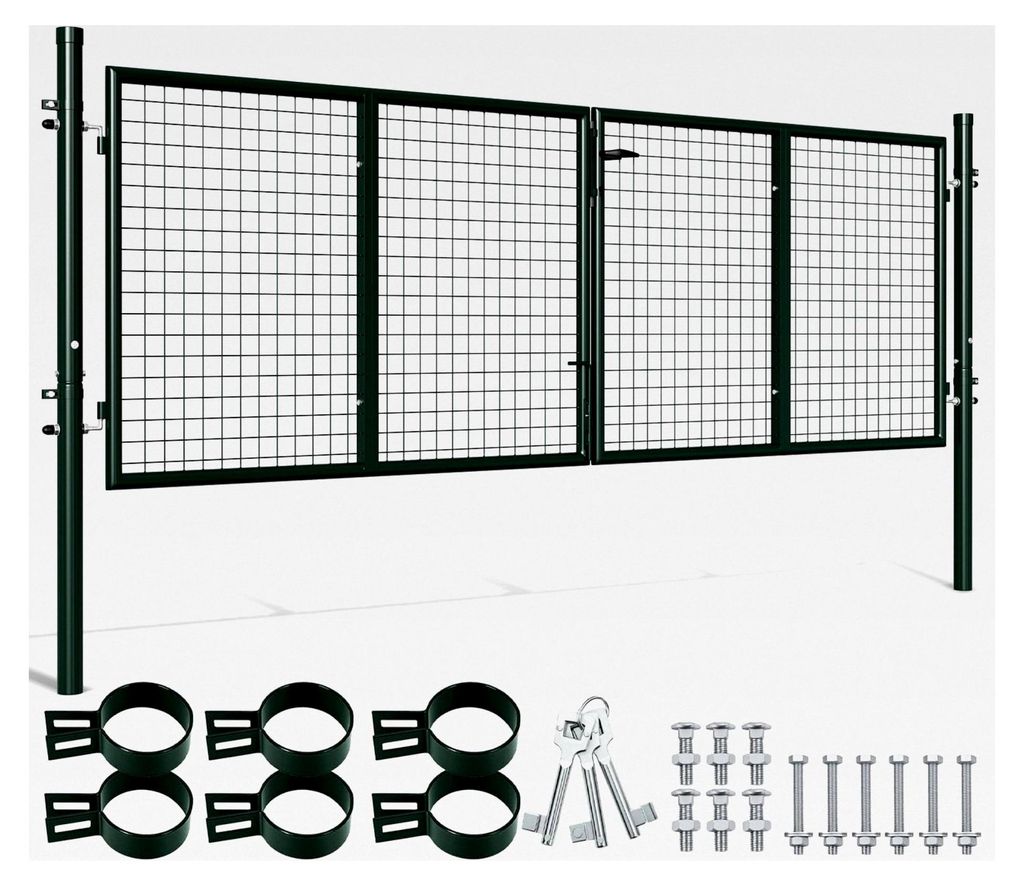 Metall Gartentor 300x100 cm Grün, Robustes Zauntor aus verzinktem Stahl Rundrohr, Gartentür für Gartenzaun mit Griff, Schloss und 3 Schlüsseln