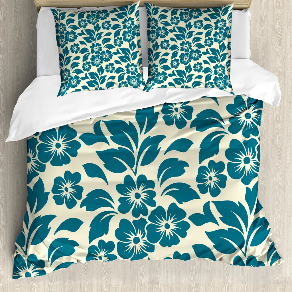 ABAKUHAUS Copripiumino con motivi floreali, fioritura primaverile, antiacaro, adatto a chi soffre di allergie, con federe, 200 cm x 200 cm - 80 x 80 cm, color verde acqua crema