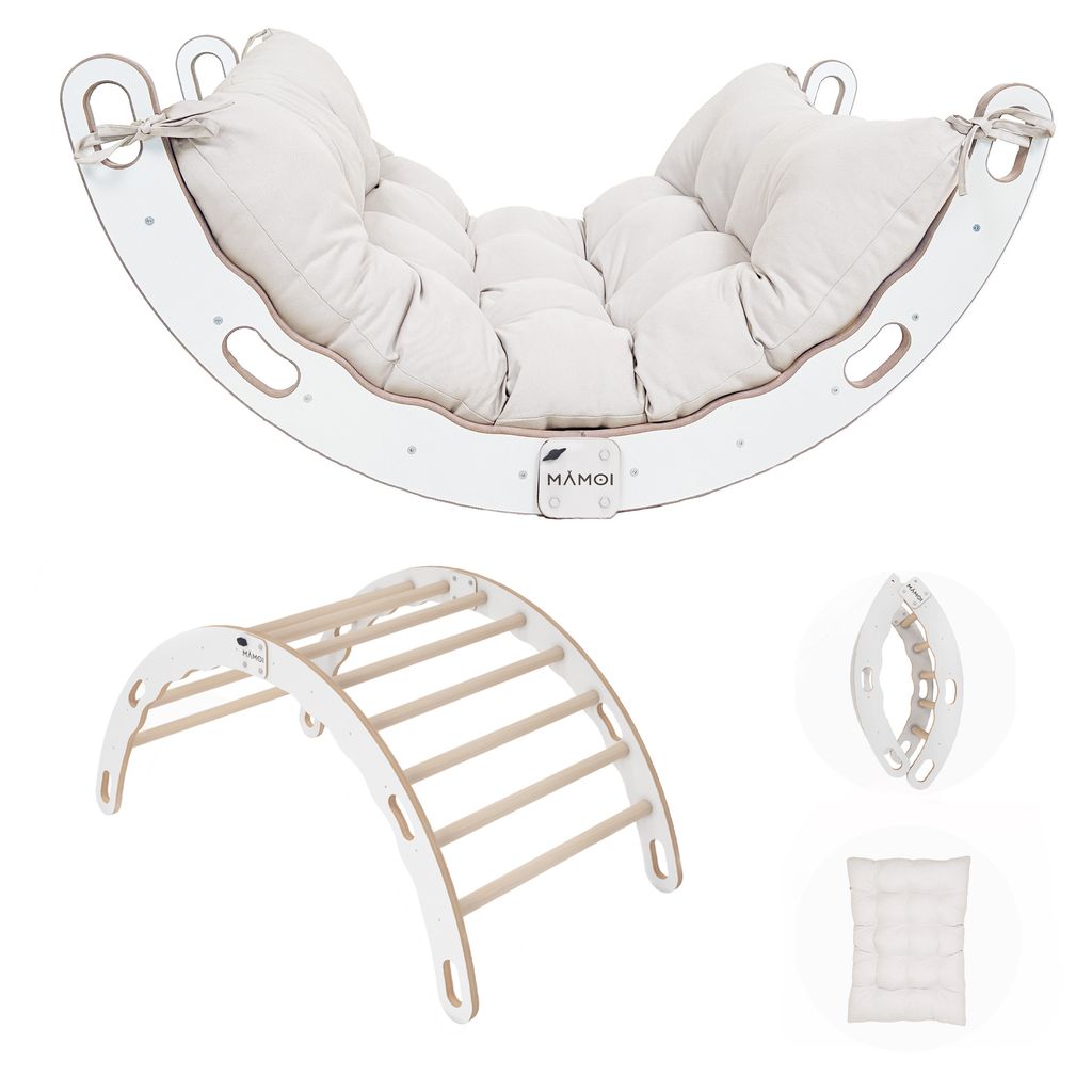 MAMOI Kletterbogen mit Kissen, Kissen für Regenbogenwippe aus Holz, Kletterdreieck, Baby Klettern, Holzbogen für Kinder, Spielplatz, Kletterger...