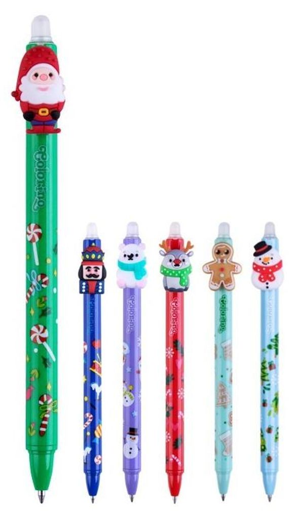 A collection of Christmas-themed pens arranged in a row against a white background.