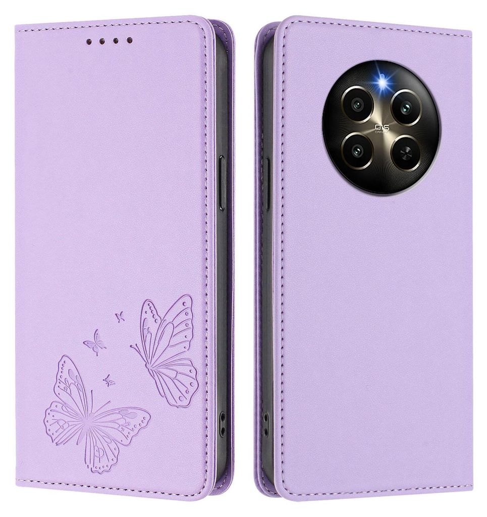 Lederhülle für Realme 12 Pro/Realme 12 Pro+, Schmetterling Prägung Leder Brieftasche Schutzhülle mit Ständer Violett