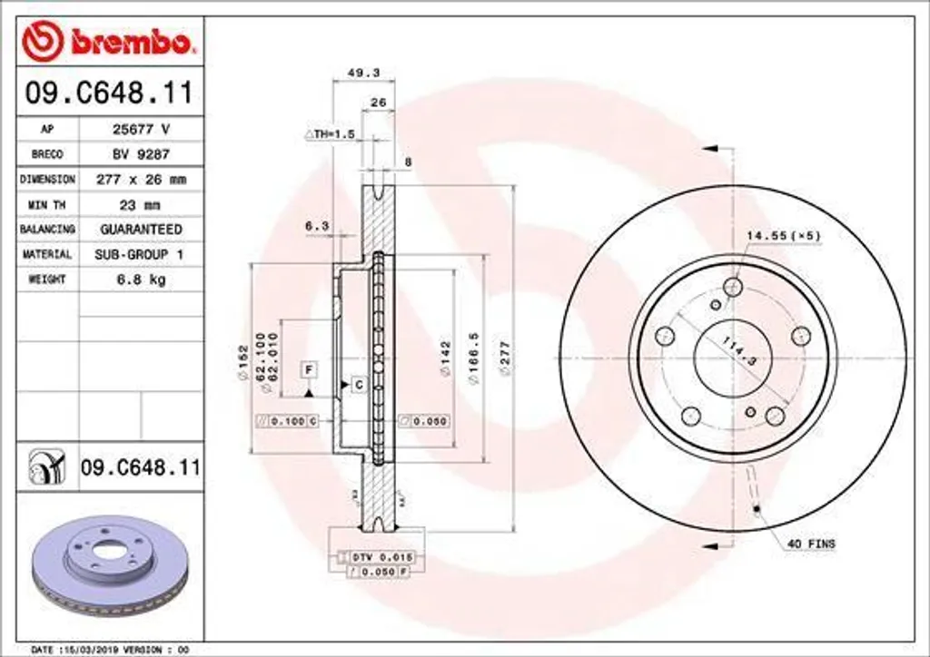 Disque de frein haute teneur en carbone Brembo 09.C648.11 Toyota E18
