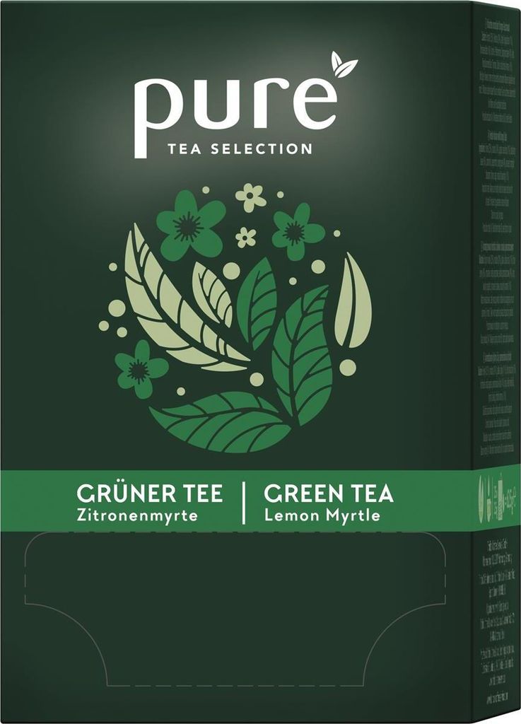 A close-up of a dark green tea box with branding and product information.