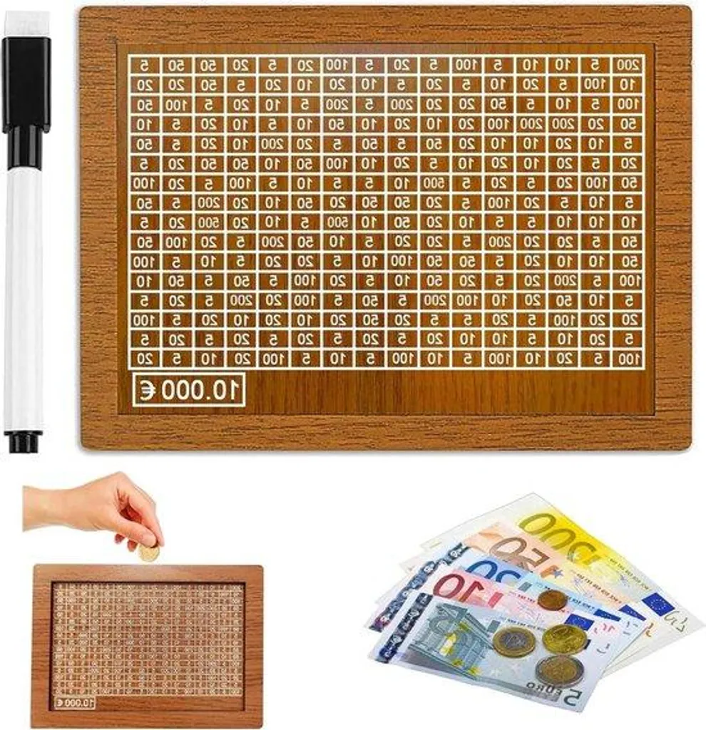 Tirelire en bois avec grille de chiffres réutilisable pour économiser