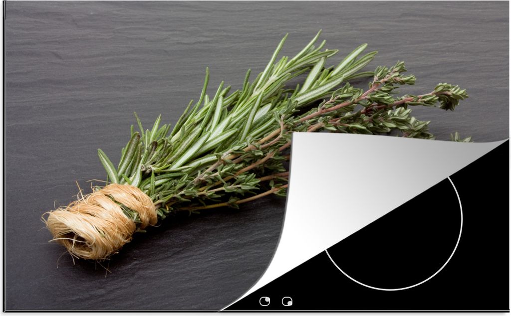 KitchenYeah Herdabdeckplatte Thymian - Kräuter - Grün - Tisch - Küche - Stein , 81x52cm, Küche Deko, Ceranfeld Herdabdeckung, Abdeckplatte f...