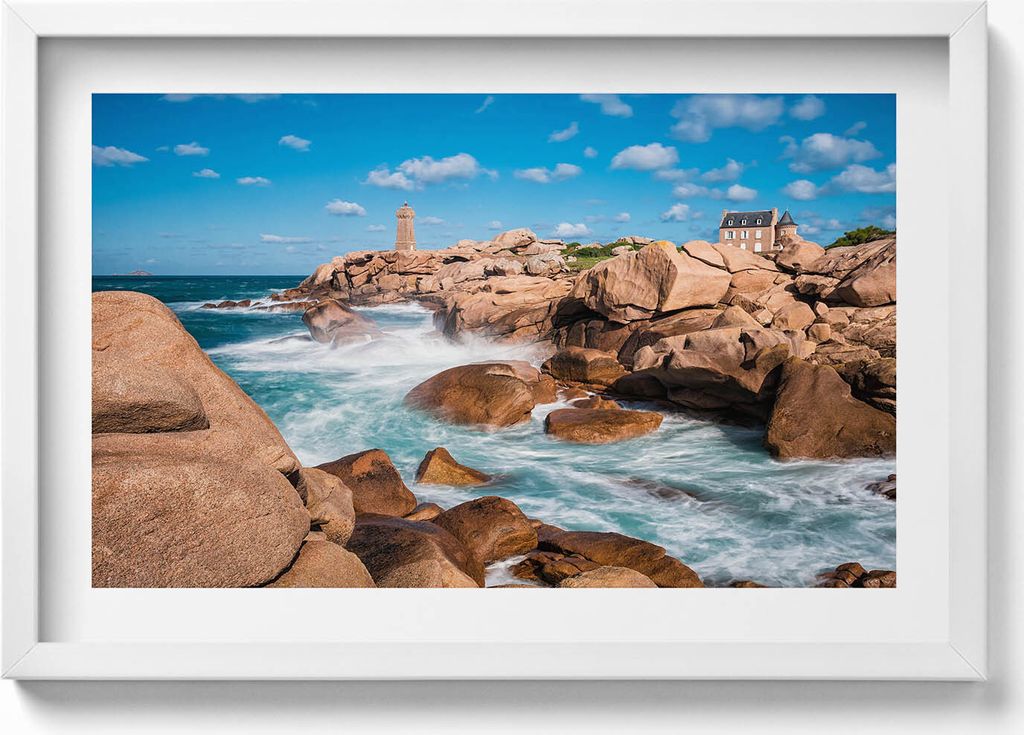 Wasser, Felsen und ein Leuchtturm– Wandbild mit Rahmen – Gerahmtes Bild – Wanddekoration – 60x40 cm – Schwarz Rahmen