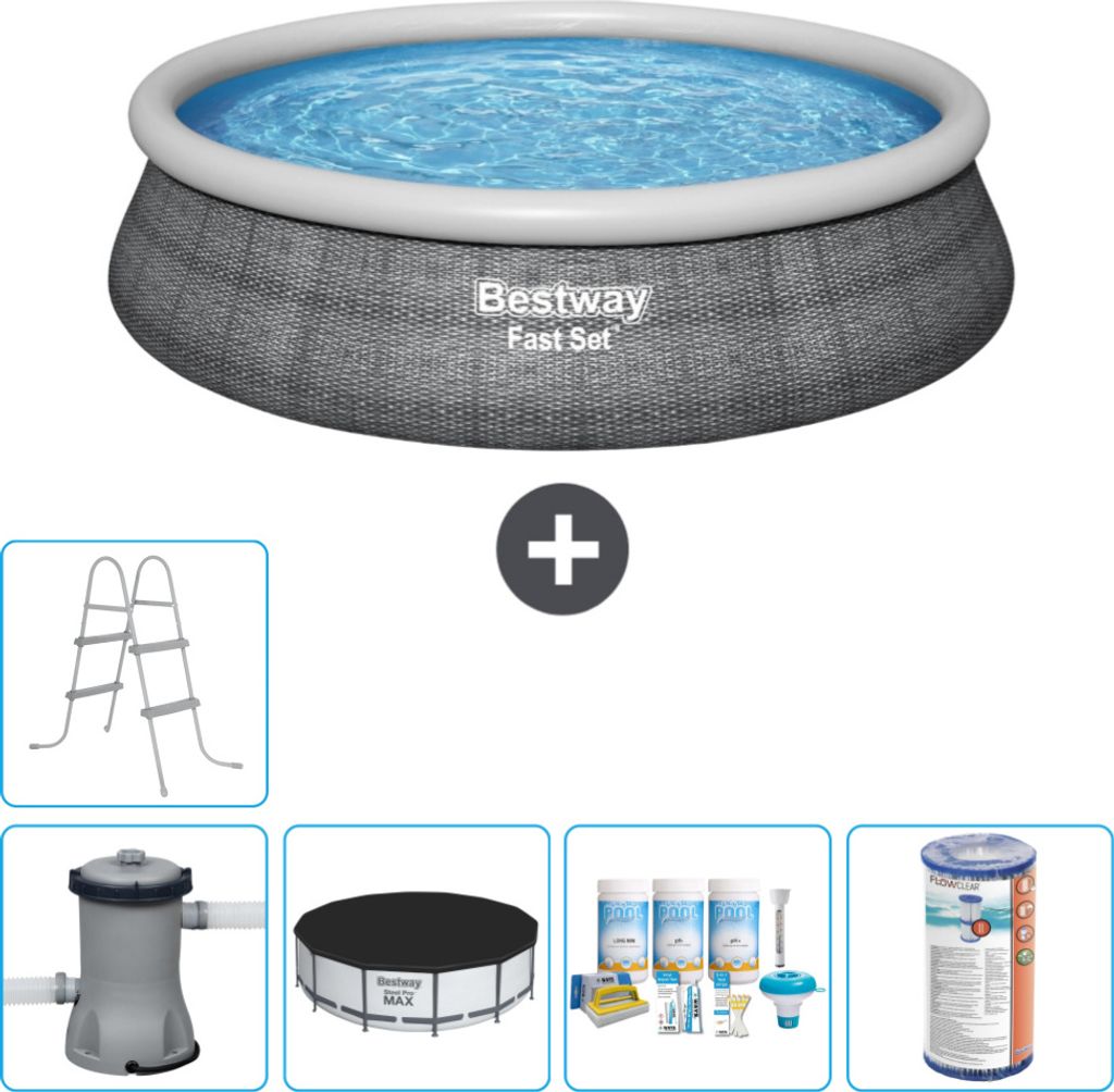 Bestway runder aufblasbarer Fast-Set-Pool – Rattan-Druck – 457 x 84 cm – inklusive Pumpe Abdeckung - Wartungspaket - Filter - Leiter