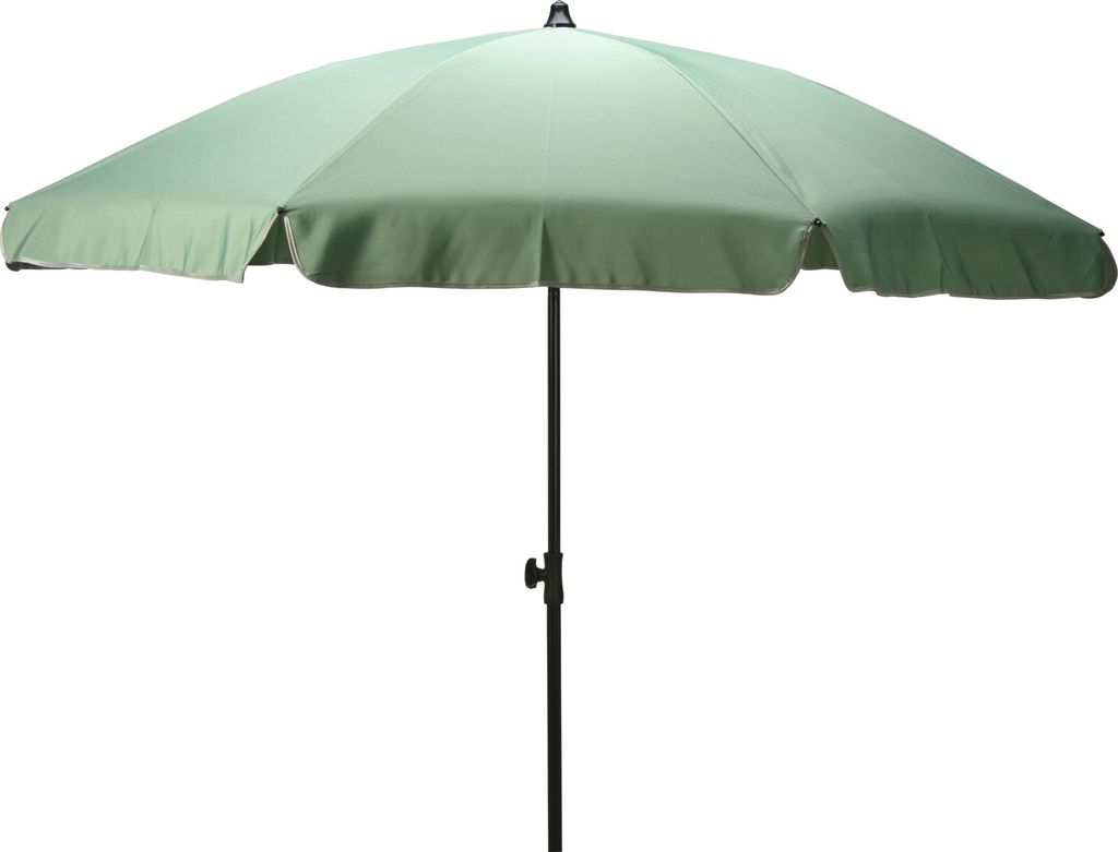 A light green patio umbrella with a black pole is shown against a white background.