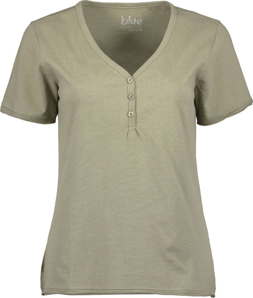 Blue Seven Damen T-Shirt mit V-Ausschnitt und Knopfleiste - Unifarbenes Kurzarm-Shirt in Khaki Größe 38