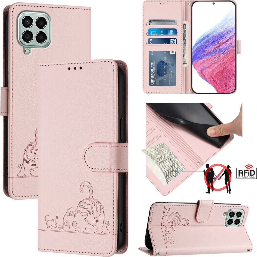 Leder Hülle für Samsung Galaxy M33 Süße Katze Flip Case Brieftasche Schutzhülle mit Standfunktion Pink