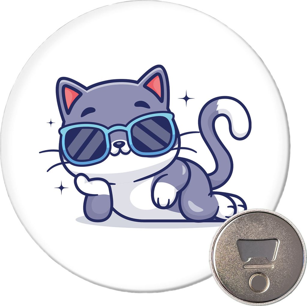 Huuraa Magnet Cool Cat Comic 59mm Kühlschrankmagnet rund Flaschenöffner Geschenkidee