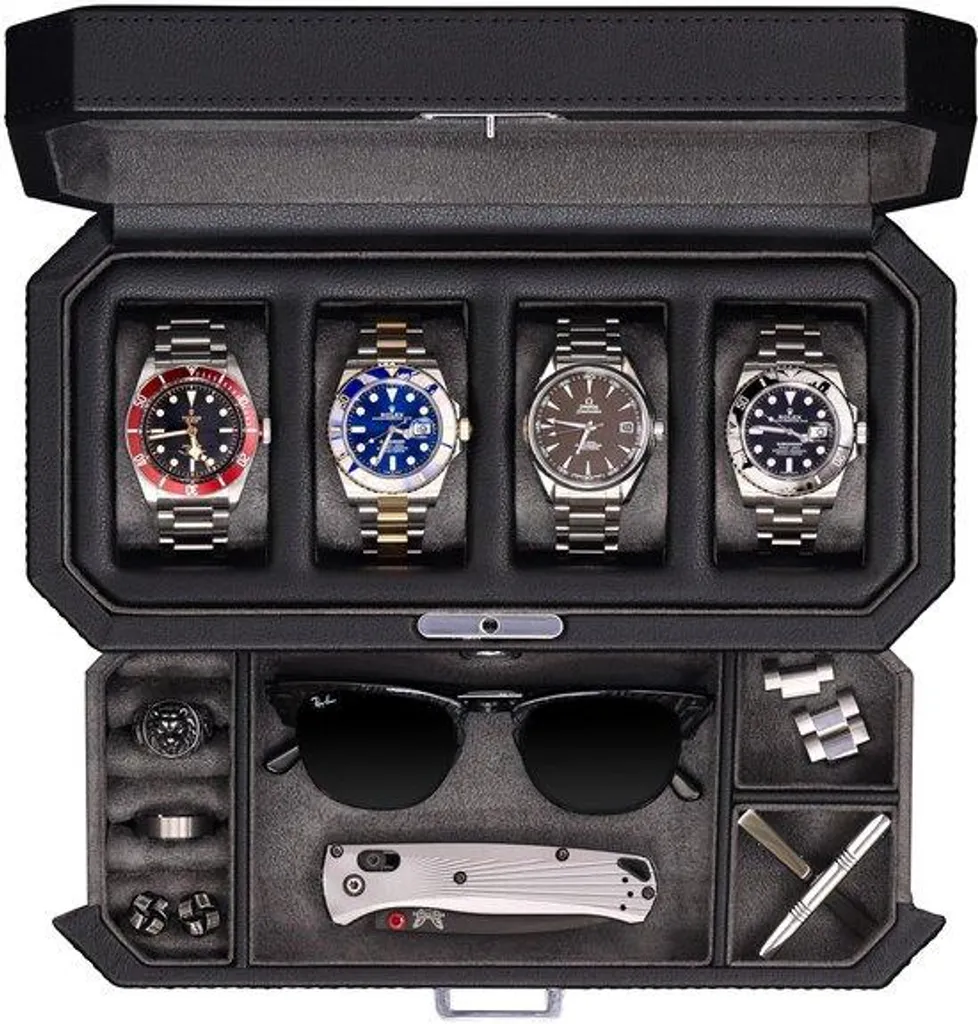 Présentoir montres 4 slots gris et son étagère vide-poche intégrée