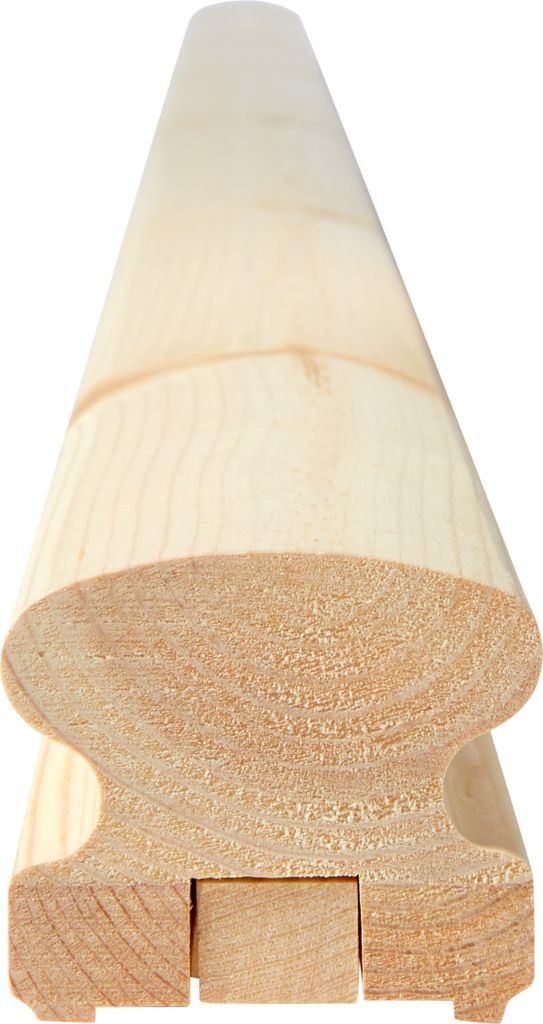 A close-up, cross-section view of a wooden handrail.