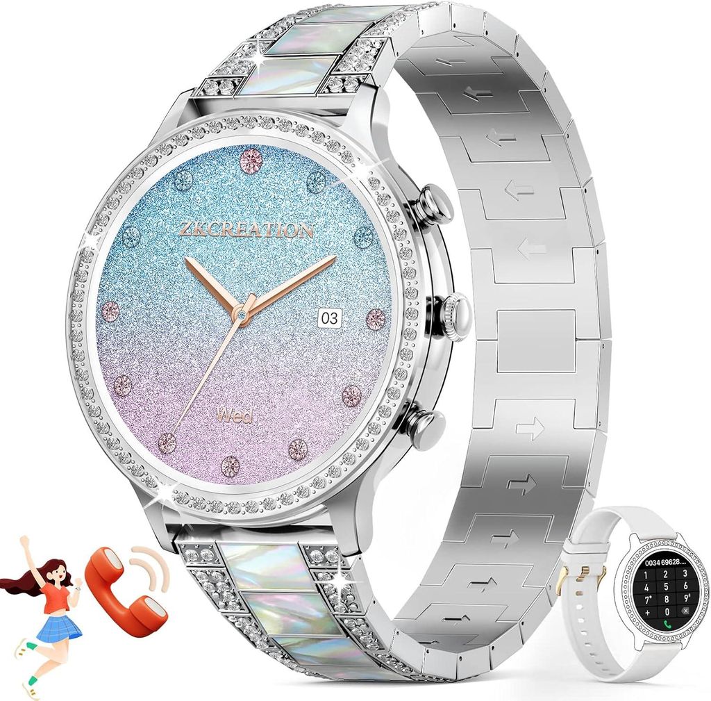 ZKCREATION Damen Smartwatch mit Metallarmband, Telefonfunktion, WhatsApp, Fitnessuhr mit Herzfrequenz & Schlafmonitor