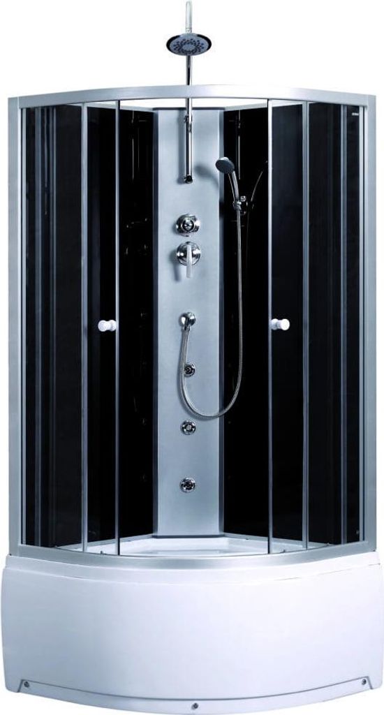 A modern shower cabin with black back panels and a white base.