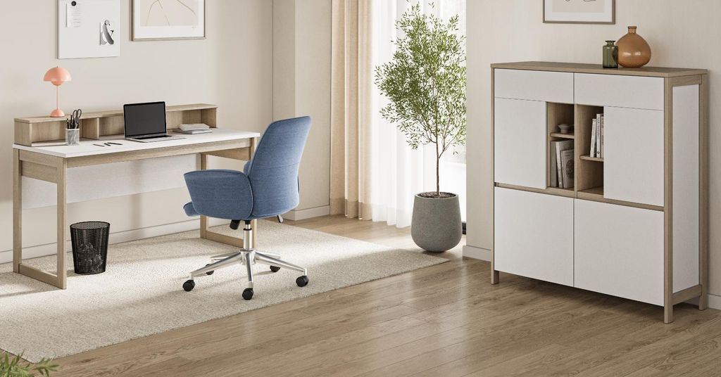 Büro Set "Finnes" in Weiß und Eiche, Highboard Schreibtisch Scandi, Home Office mit Soft-Close