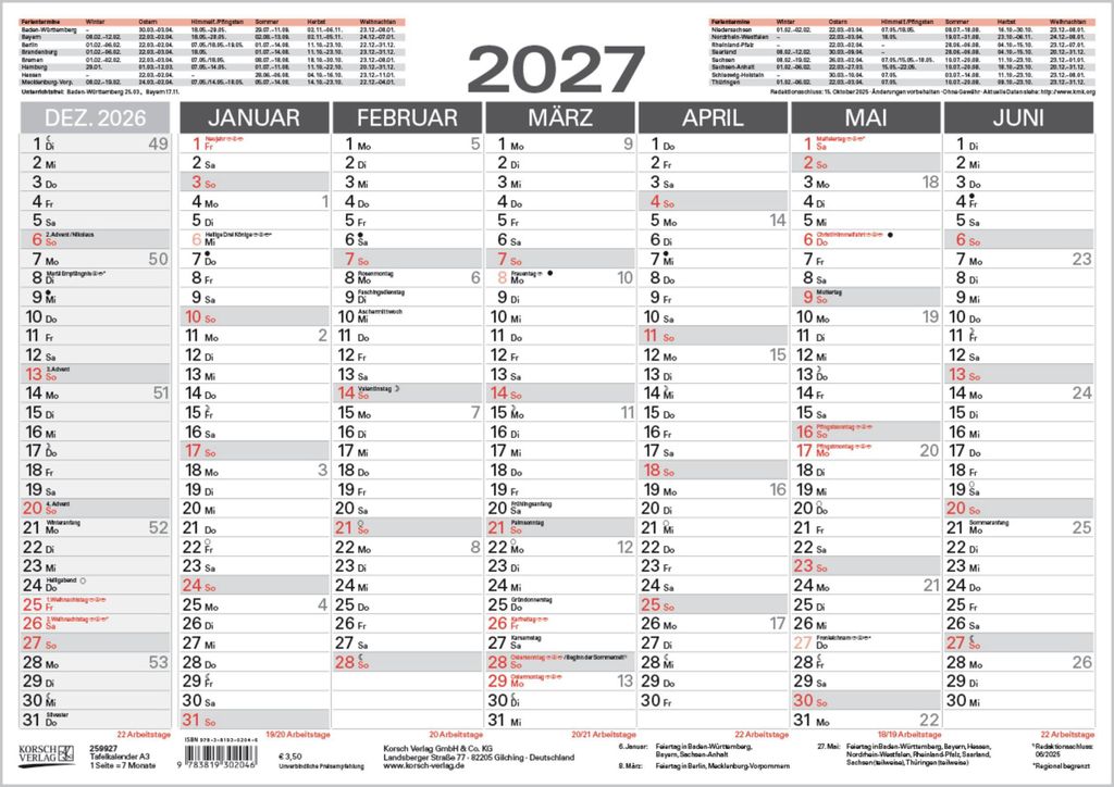 Tafelkalender A3 2027 Produktbild 