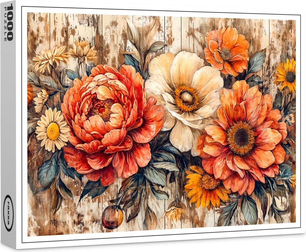 raxxa Premium-Puzzle "Peonies and Marigolds on Dark Rustic Wood", 1000 Teile