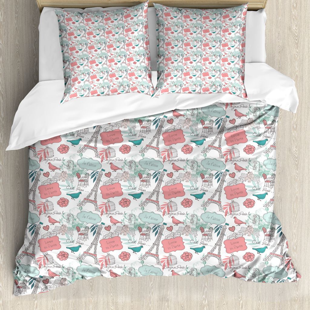 ABAKUHAUS Eiffelturm Bettbezug Set für Einzelbetten, Bonjour Paris Liebe, Milbensicher Allergiker geeignet mit Kissenbezug, 155 cm x 220 cm - 80 x...