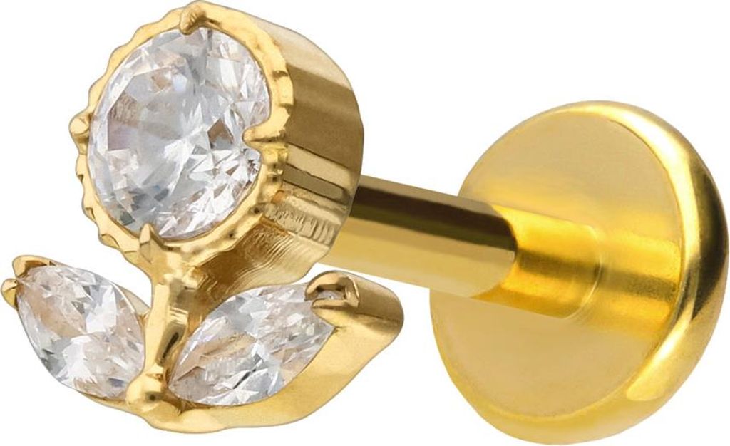 Ohrpiercing, Nasenpiercing Titan Labret mit Push Fit KRISTALLBLUME Gold Stablänge: 7mm | Stabstärke: 1mm