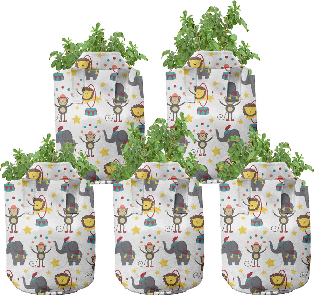 ABAKUHAUS Baby Zuchttöpfe 5er-Pack, Zirkus Tiere Cartoon, hochleistungsfähig Stofftöpfe mit Griffen für Pflanzen, 7 Gallonen, Mehrfarbig