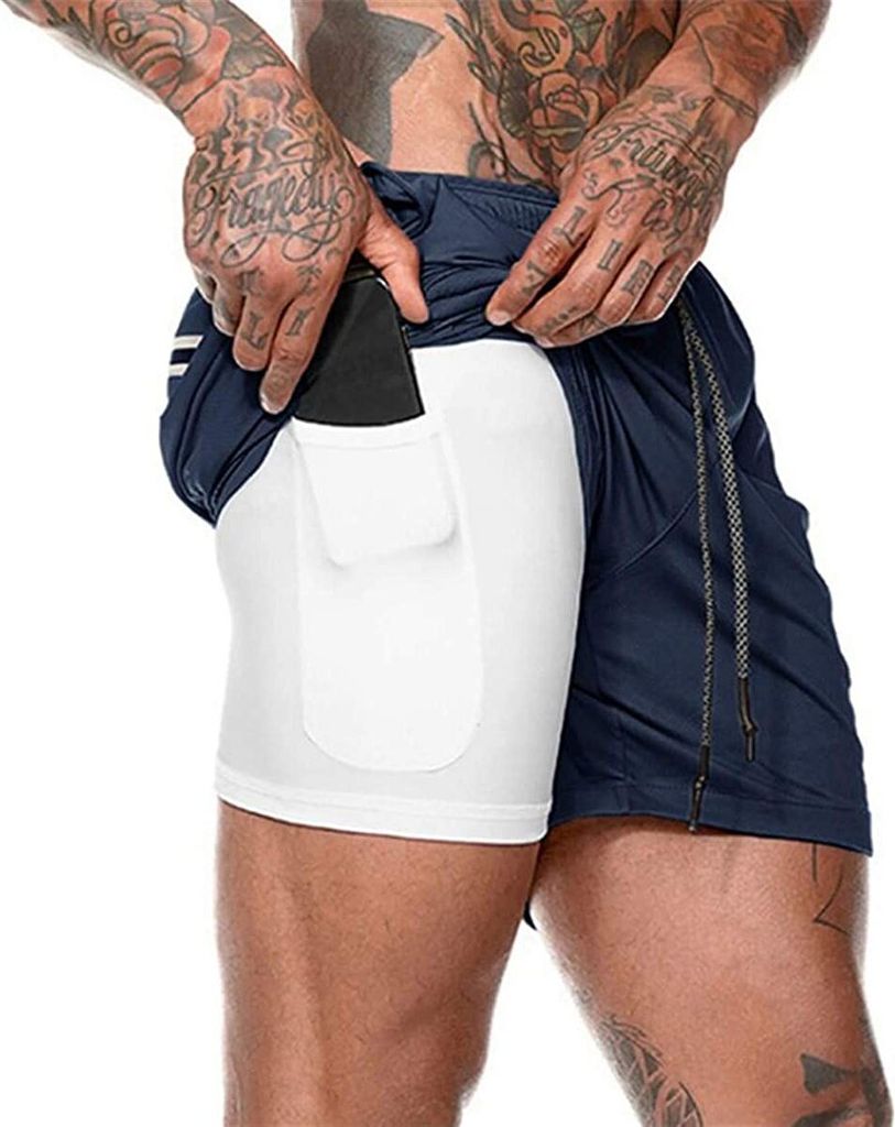 ASKSA Herren 2 in 1 Shorts Laufshorts Dual Kurze Sporthose Männer Fitness Laufhose Sport Hosen Trainingshose(Dunkelblau,3XL)