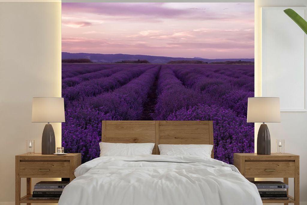 MuchoWow Fototapete für Wohnzimmer oder Schlafzimmer Wandtapete Vinyl Motivtapete Lavendel - Lila - Blumen - Natur - 280x280 cm - Hintergrundbild