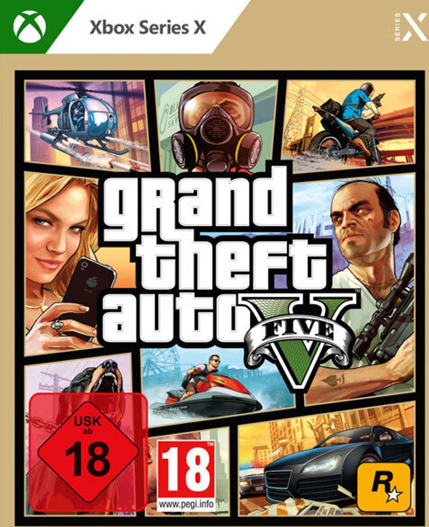 A collage of images from the game Grand Theft Auto V, with the game title prominently displayed.