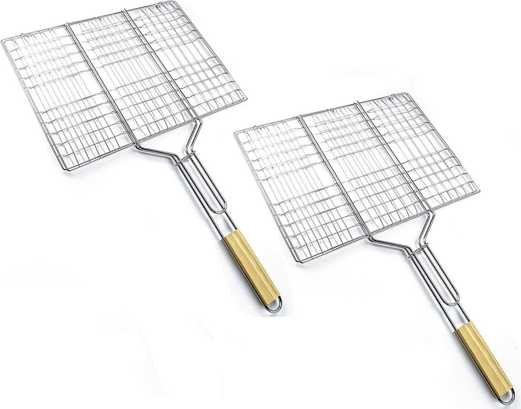 2 x Grillguthalter mit Holzgriff | BBQ Grillkorb für Fischgemüse Steak Garnelenkoteletts | 38,5 x 28 cm Grillgitter aus Metall | Gemüsekorb Burg...