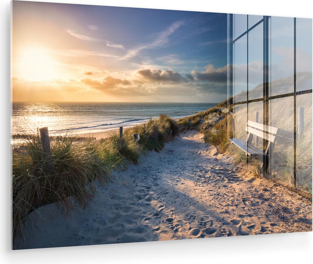 MuchoWow Glasbilder - Bilder auf Wandbild - Foto auf Glas Sonnenuntergang - Strand - Düne - Gras - Bank 30x20 cm Wanddekoration aus Glas - Acrylgl...