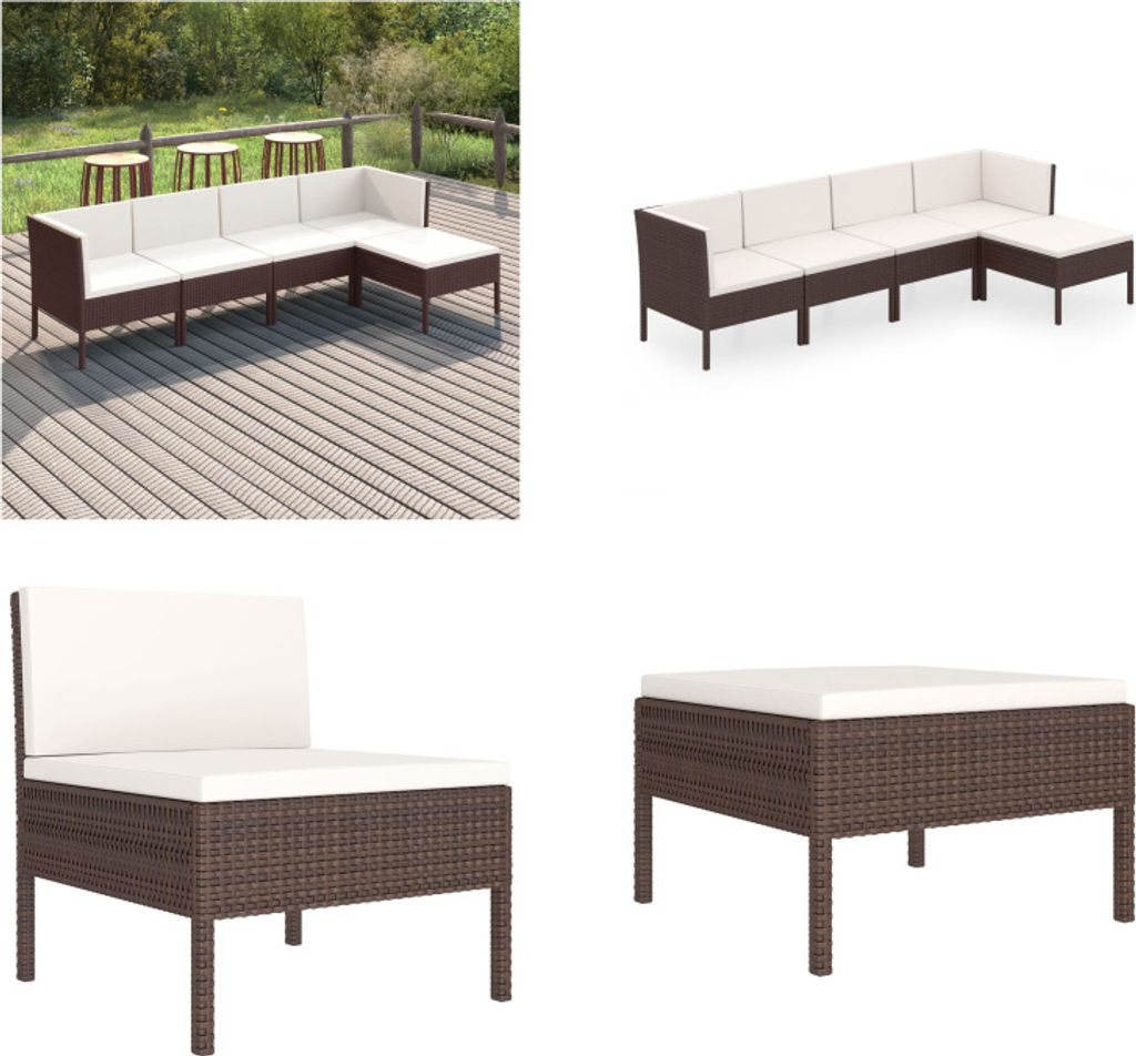 vidaXL 5 tlg. Garten Lounge Set mit Auflagen Poly Rattan Braun - Garten-Sofagarnitur - Garten-Sofagarnituren - Gartensofa-Set - Gartensofa-Sets