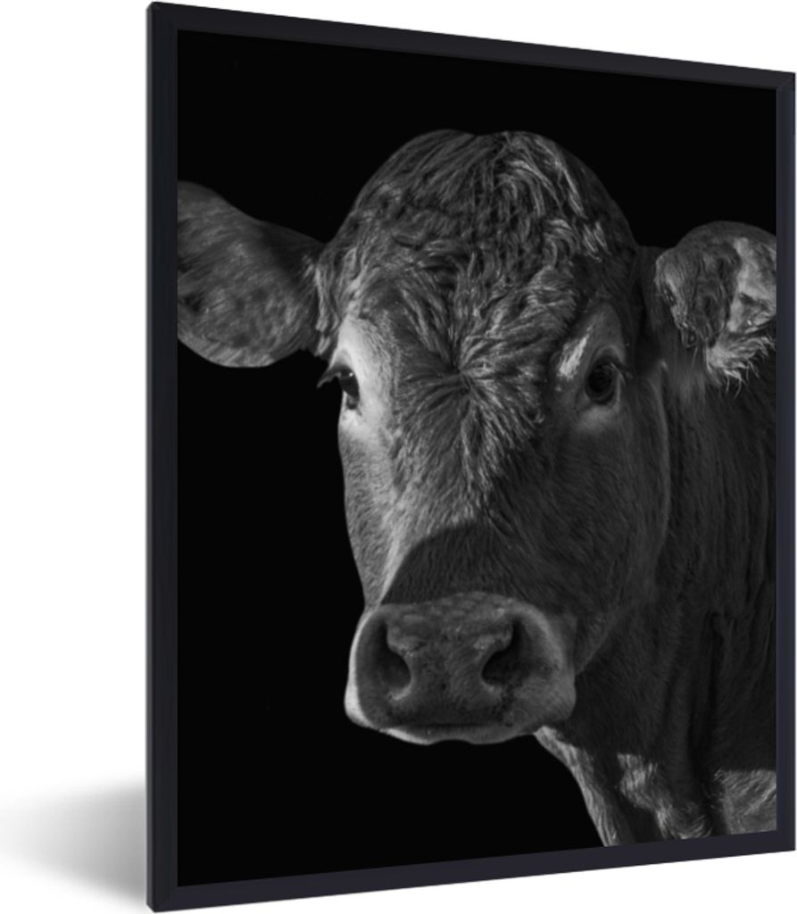 MuchoWow Gerahmtes Poster Kuh - Tiere - Schwarz - Weiß - Porträt 30x40 cm - Poster mit Schwarzem Bilderrahmen Wandposter Rahmen Foto Bilder - W...