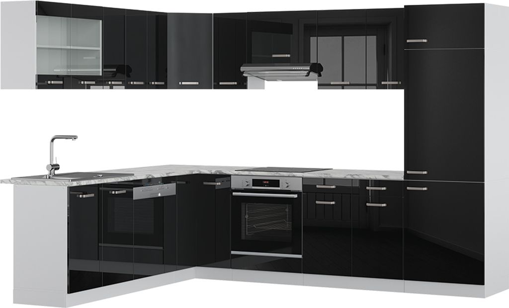 Eckküche Vicco R-Line Schwarz Hochglanz/Weiß 287 x 46 cm ohne Arbeitsplatte, Model 40986