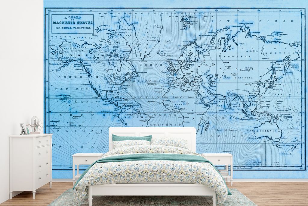 MuchoWow Fototapete für Wohnzimmer oder Schlafzimmer Wandtapete Vinyl Motivtapete Weltkarte - Blau - Linien - 330x220 cm - Fototapeten