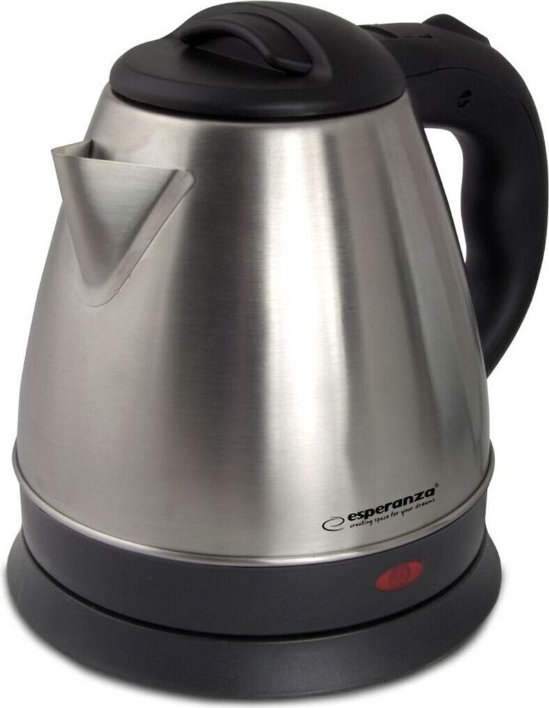 A stainless steel electric kettle with a black lid and handle, shown on a white background.