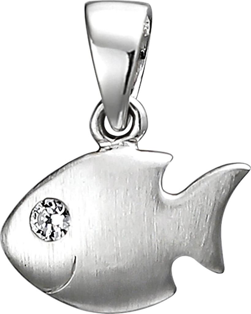 Kinder Anhänger Fisch aus 925 Silber mattiert mit weißem Zirkonia Halsschmuck