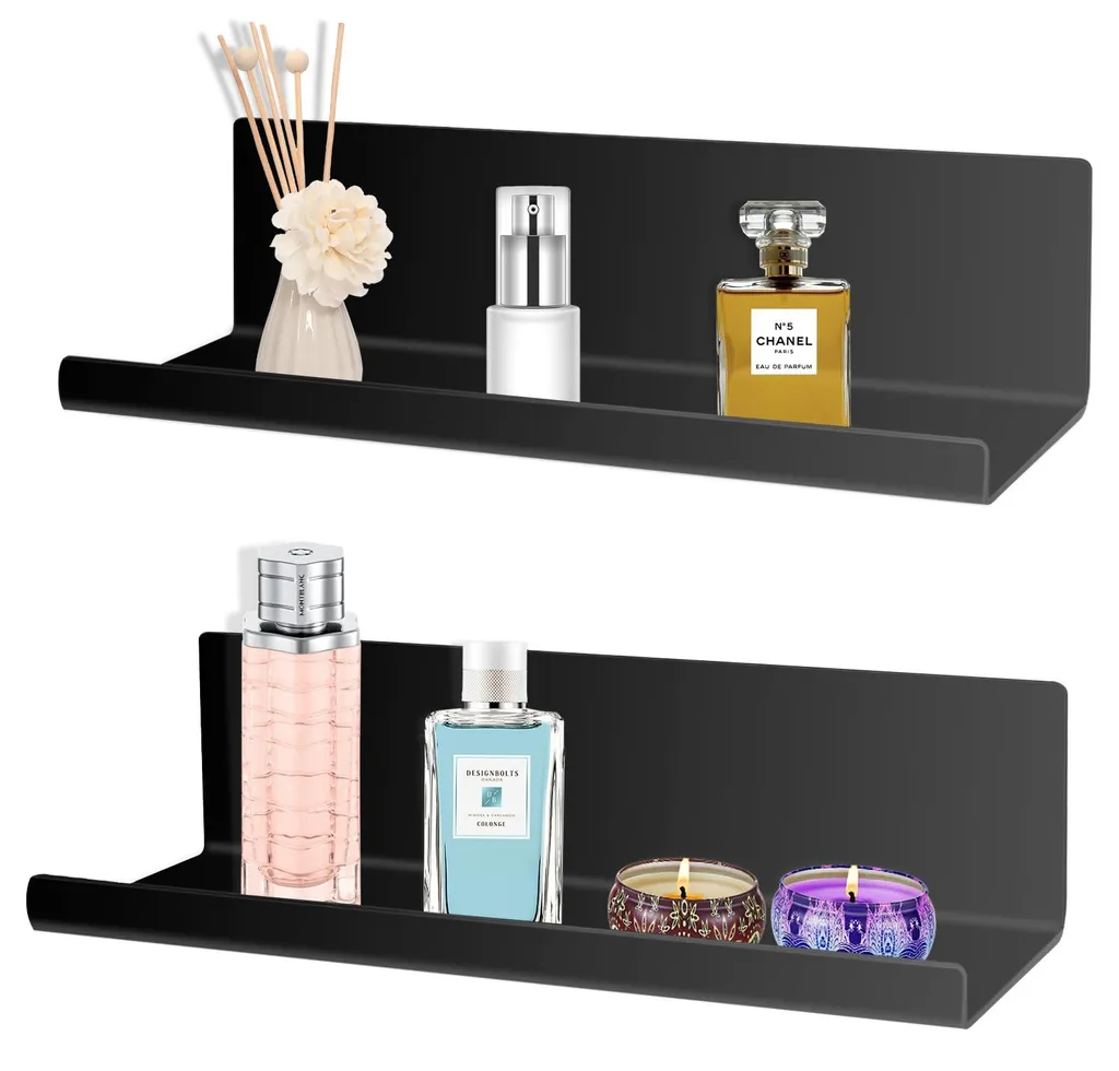 Étagère murale acrylique noire adhésive, rangement mural sans trous 40cm